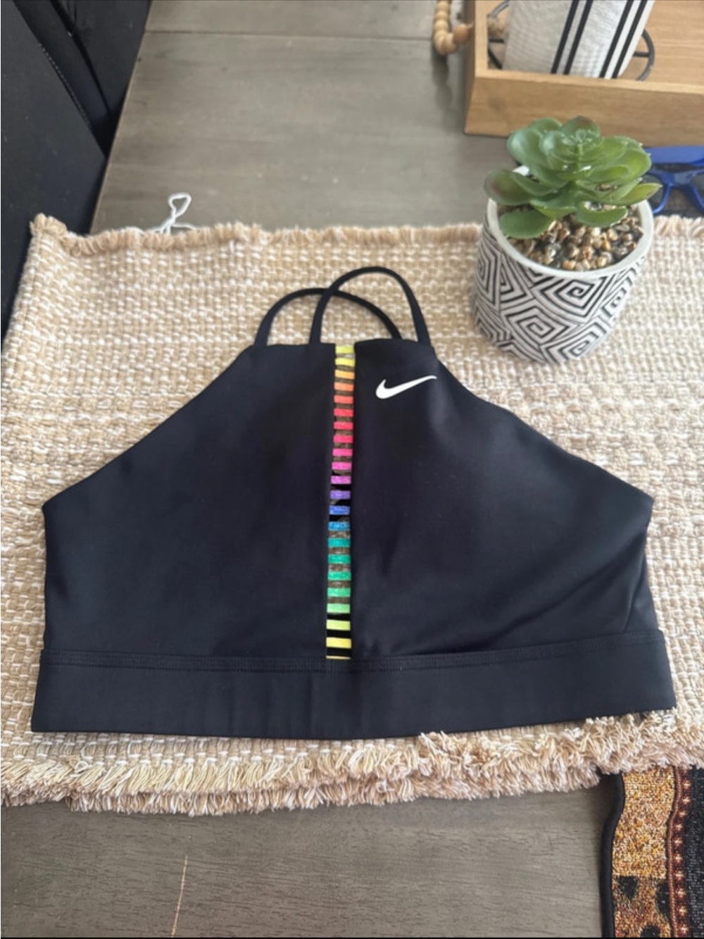 Nike Black High-Neck Sports Bralette with Rainbow Center Trim